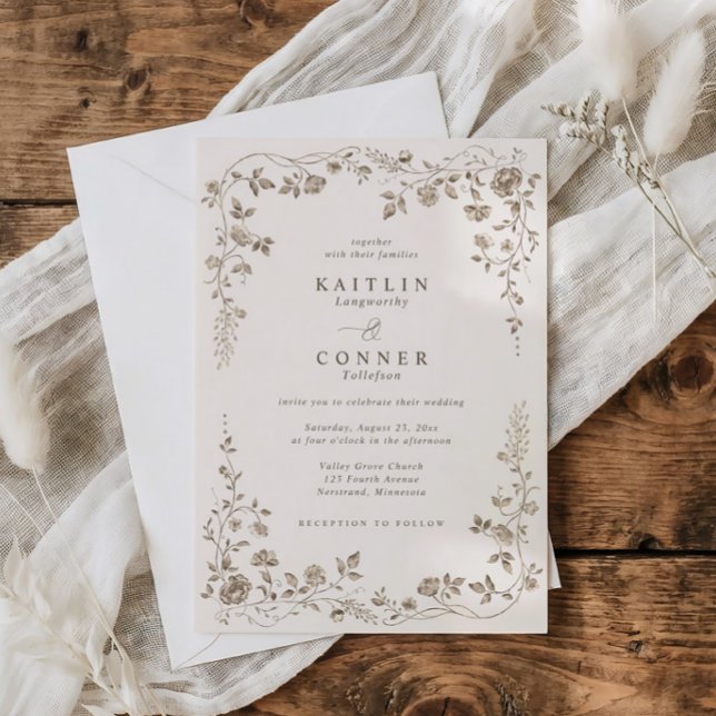 Invitation Vintage Chocolate Brown French Floral Wedding (Ivory wedding invite with chocolate brown vintage floral frame in toile de jouy style)