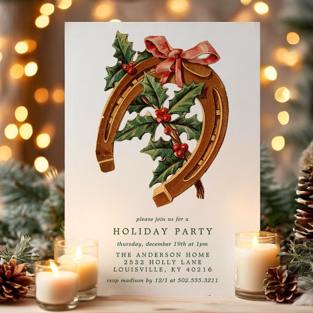 Invitation Vintage Christmas Horseshoe Holly Holiday Party (Créateur téléchargé)