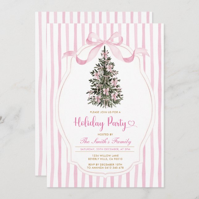 Invitation Vintage Christmas Tree Pink Bow Holiday Party  (Devant / Derrière)