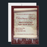 Invitation Vintage Christmas Winter Scroll Icicle Snowflake<br><div class="desc">Illustration de parchemin d'hiver avec un vieux rouleau de papier avec un paysage enneigé et décoré de neige et de glaces sur un arrière - plan bordeaux rouge foncé avec des flocons de neige.</div>