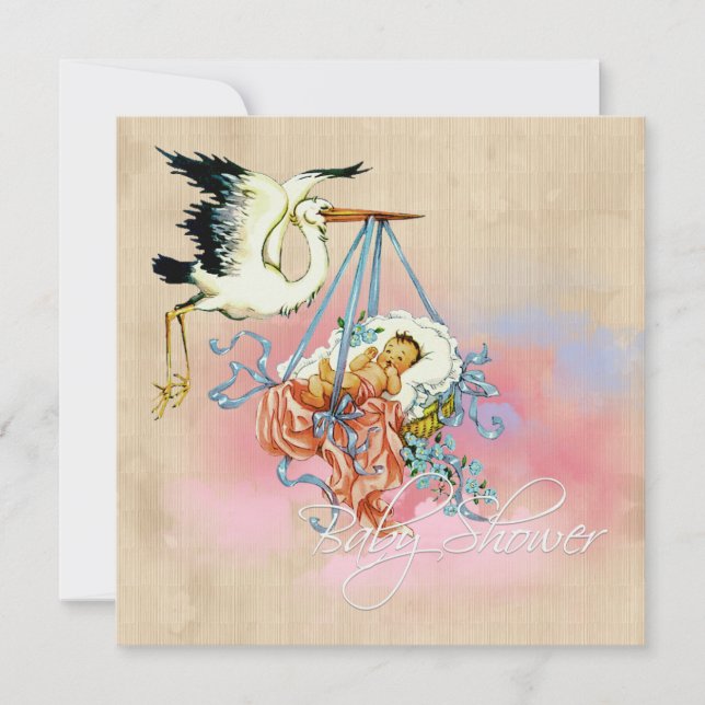 Invitation Vintage cigogne bébé garçon douche (Devant)