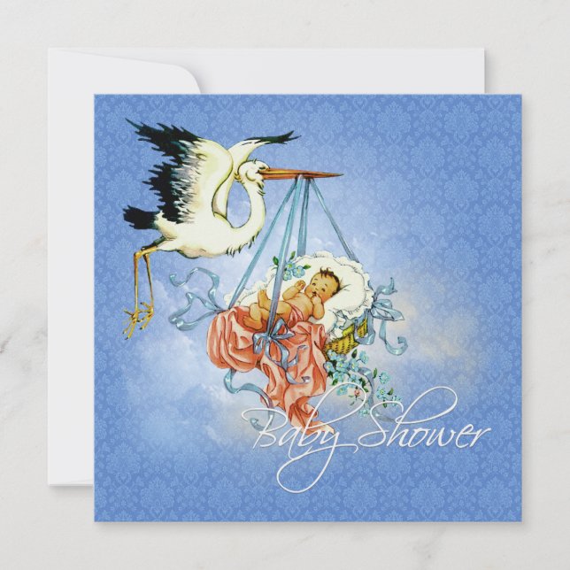 Invitation Vintage cigogne bébé garçon douche (Devant)