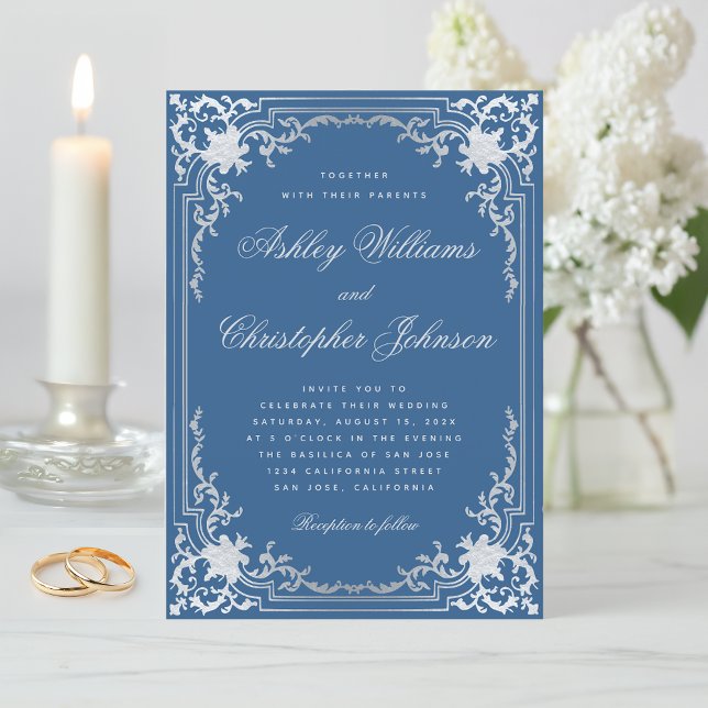 Invitation Vintage Classique Bleu Faux Argent Mariage élégant (Créateur téléchargé)