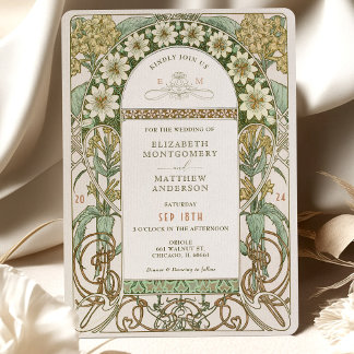Invitation Vintage Clematis & Primrose Art Nouveau Mariage