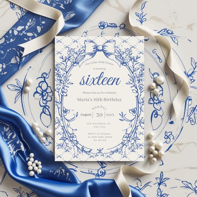 Invitation Vintage Coquette Blue Bow floral (Créateur téléchargé)