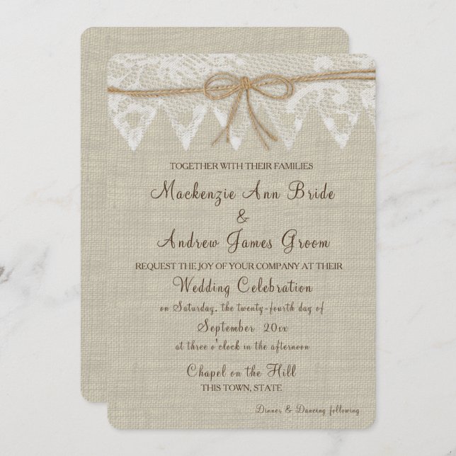 Invitation Vintage Country Fair Lace et Mariage Burlap (Devant / Derrière)