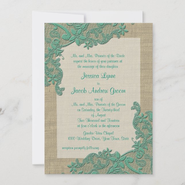 Invitation Vintage Country Lace Design Turquoise Vert (Devant)