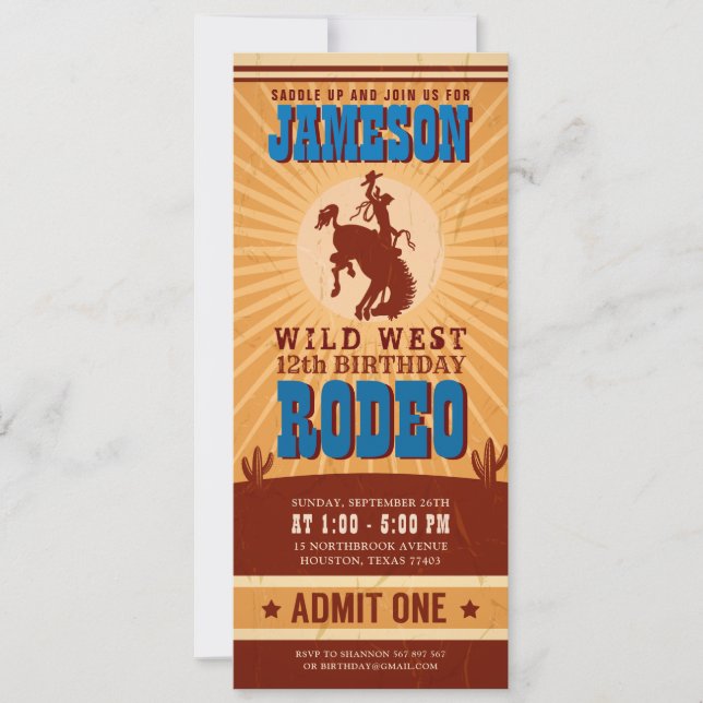Invitation Vintage Cowboy Western Rodeo Birthday Tickpass (Devant)