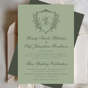 Invitation Vintage Crest Green Olive sur Sage Monogramme Mari
