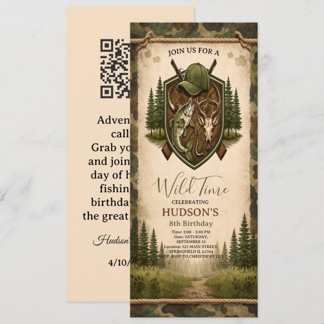 Invitation Vintage Crest Hunting and Fishing Boy birthday (Devant / Derrière)