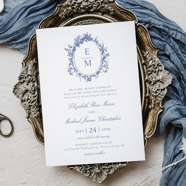 Invitation Vintage Crest Monogramme Botanique Bleu Mariage (Créateur téléchargé)