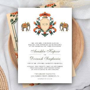 Invitation Vintage Crest Royal Elephant Indien Hindu Mariage