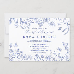 Invitation Vintage crête royale fleurie pastel bleu Mariage