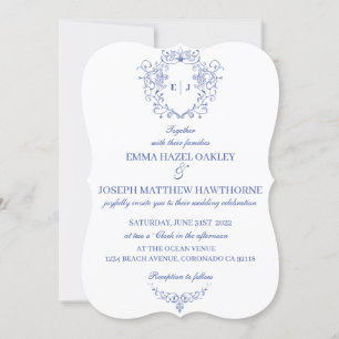 Invitation Vintage crête royale fleurie pastel bleu Mariage