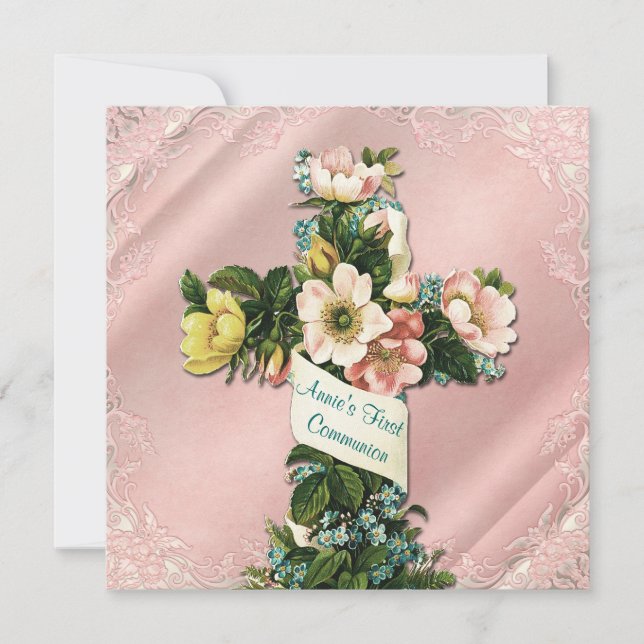 Invitation Vintage Croix Vintage Première communion rose (Devant)