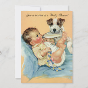Invitation Vintage Cute Baby Bottle Chien coquelicot, Baby sh