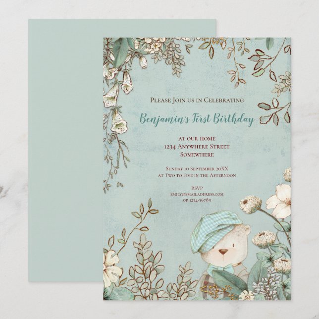 Invitation Vintage Cute Bear Botanique 1er Birthday Boy (Devant / Derrière)