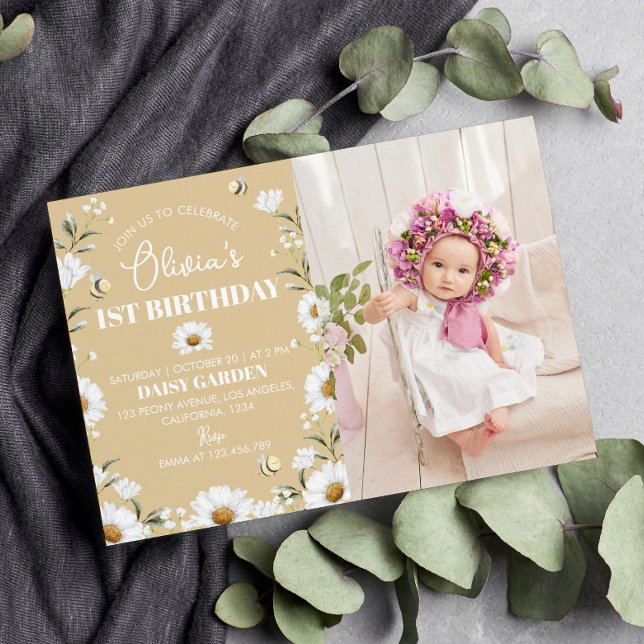 Invitation Vintage Daisy Bee 1er anniversaire (Créateur téléchargé)