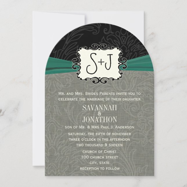 Invitation Vintage Damask Emerald Green Mariage noir (Devant)