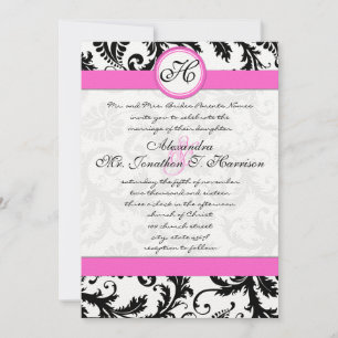 Invitation Vintage Damask noir et blanc avec Hot Pink Triage