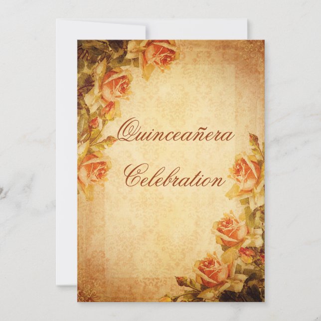 Invitation Vintage Damask Shabby Chic Peach Roses Quinceañera (Devant)