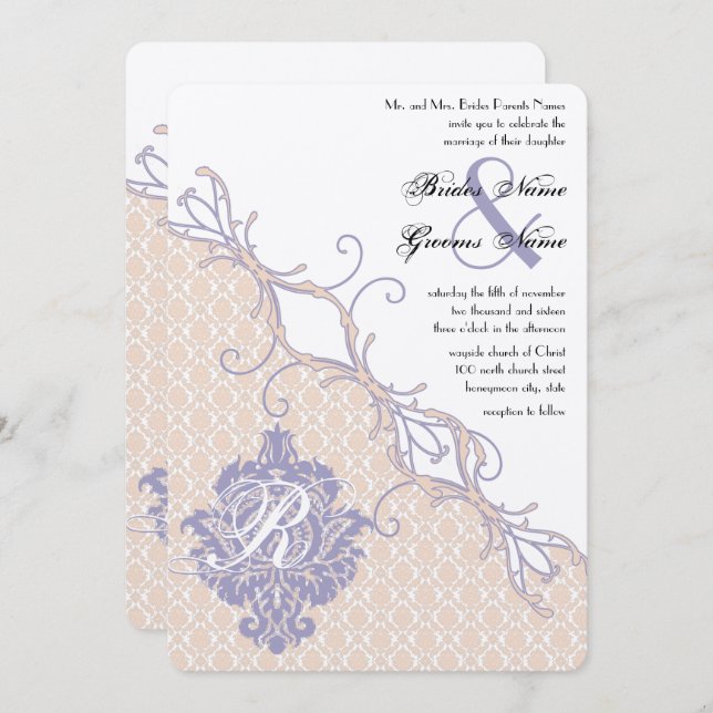 Invitation Vintage Damask Silver Peony et Mariage Lavender (Devant / Derrière)