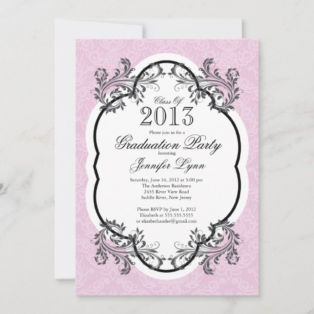 Invitation Vintage Damask Stylish Pink Graduation Party (Devant)
