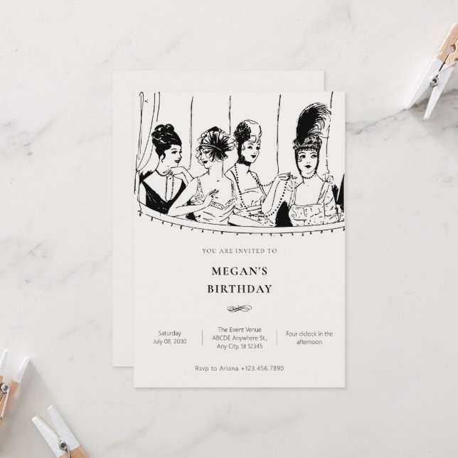 Invitation Vintage dames élégant anniversaire (Devant/Arrière en situation)