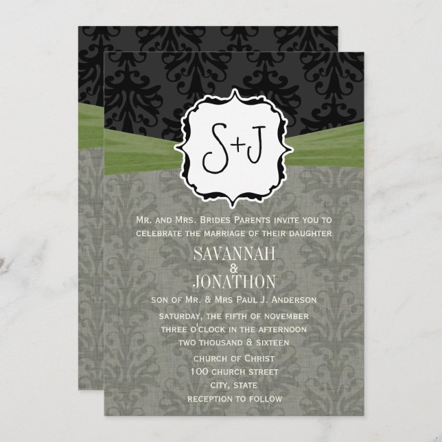 Invitation Vintage Damsk Olive Green Mariage noir (Devant / Derrière)