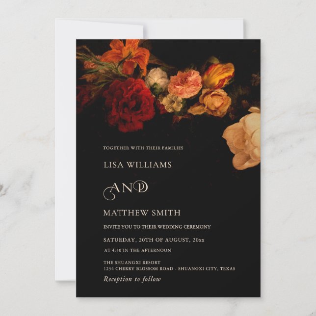Invitation  Vintage Dark Moody Painted Flowers  Wedding (Devant)