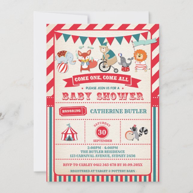 Invitation vintage de baby shower d'animaux de (Devant)