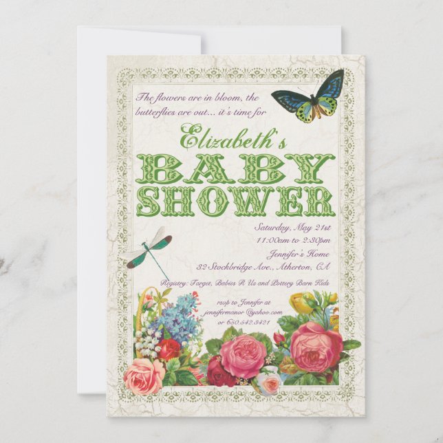 Invitation vintage de baby shower de jardin - vert (Devant)