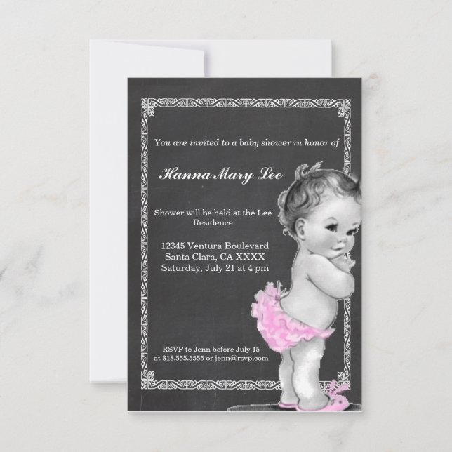 Invitation vintage de baby shower de tableau rose (Devant)