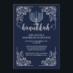 Invitation vintage de célébration de Menorah<br><div class="desc">Mettez sur pied votre fête de vacances outre de la droite avec notre invitation bleue élégante de partie de célébration de Hanoukka comportant un cadre vintage présentant un menorah bleu-clair réglé sur un arrière - plan de bleu marine avec la typographie moderne. Assurez-vous que tous vos amis et membres de...</div>