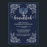Invitation vintage de célébration de Menorah<br><div class="desc">Mettez sur pied votre fête de vacances outre de la droite avec notre invitation bleue élégante de partie de célébration de Hanoukka comportant un cadre vintage présentant un menorah bleu-clair réglé sur un arrière - plan de bleu marine avec la typographie moderne. Assurez-vous que tous vos amis et membres de...</div>