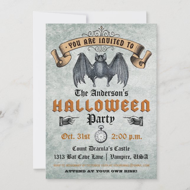 Invitation vintage de Halloween de batte de (Devant)