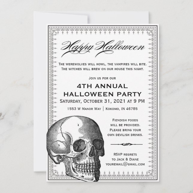 Invitation vintage de Halloween de crâne noir et (Devant)