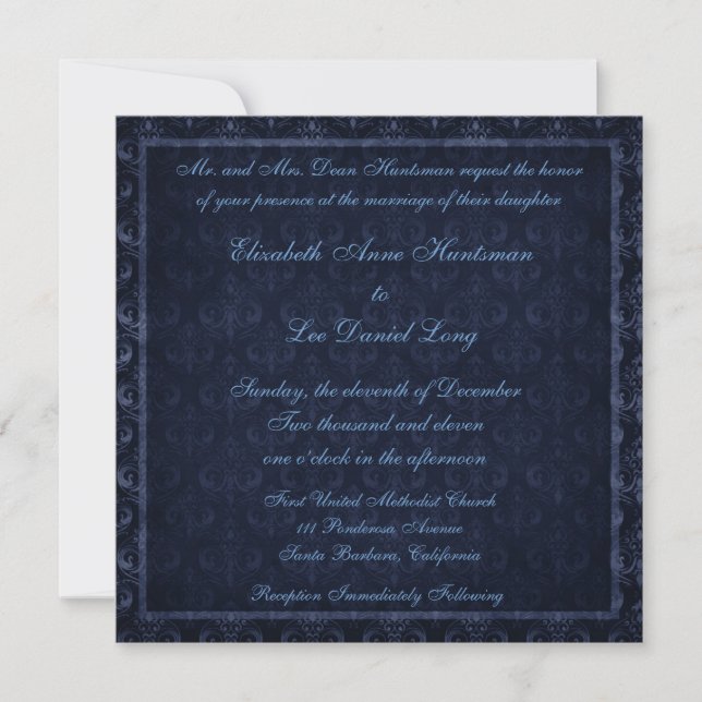 Invitation vintage de mariage damassé de bleu (Devant)