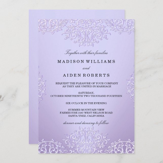 Invitation Vintage de Mariage damassé violet (Devant / Derrière)