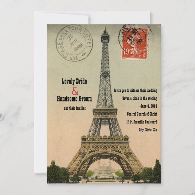 Invitation vintage de mariage de Tour Eiffel de (Devant)