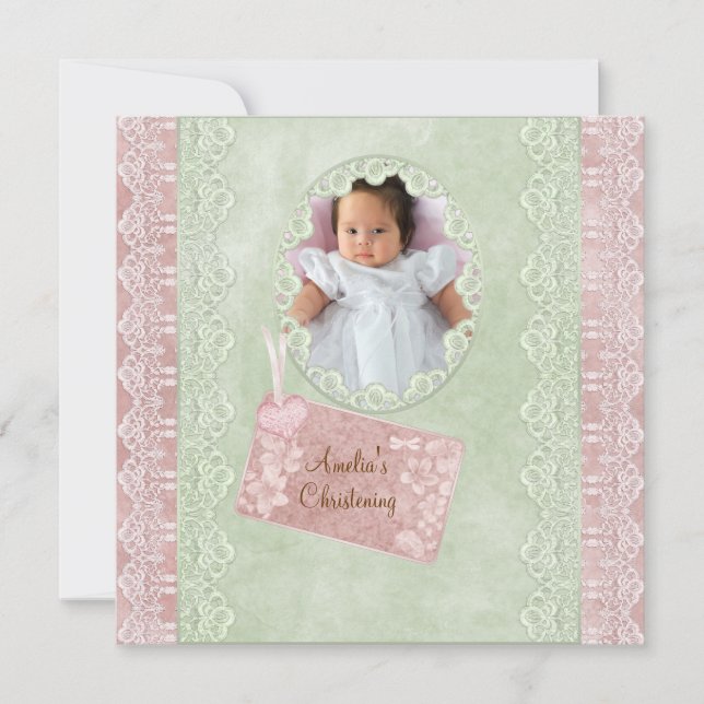 Invitation Vintage dentelle rose verte fille Christening phot (Devant)