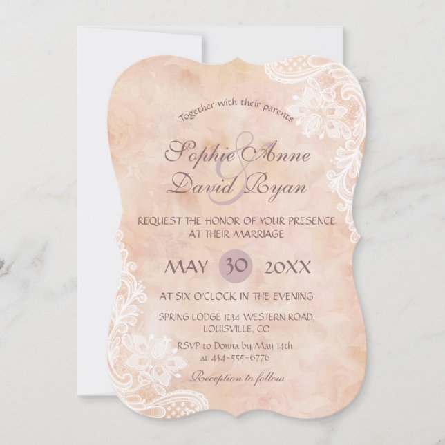 Invitation Vintage dentelle Rose Vieux papier Mariage Invite (Devant)