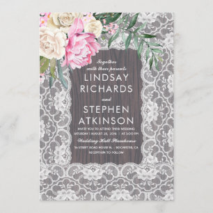 Invitation Vintage dentelle Rustique bois rose crème Mariage