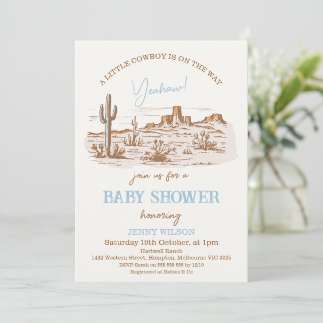 Invitation Vintage Désert Western Little Cowboy Baby shower (Debout devant)