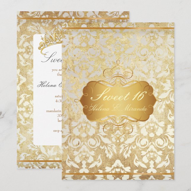 Invitation VINTAGE DOUCE 16 Princesse Perle Damassé Parchemin (Devant / Derrière)