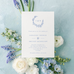 Invitation Vintage Dusty Blue Floral Wreath Monogram Mariage