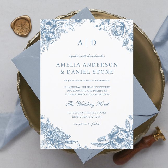 Invitation Vintage Dusty Blue Garden Monogram Mariage (Créateur téléchargé)