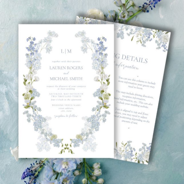 Invitation Vintage Dusty Blue Garden Monogramme Détails Maria (Créateur téléchargé)