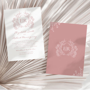 Invitation Vintage Dusty Rose Floral Crest Monogram Mariage