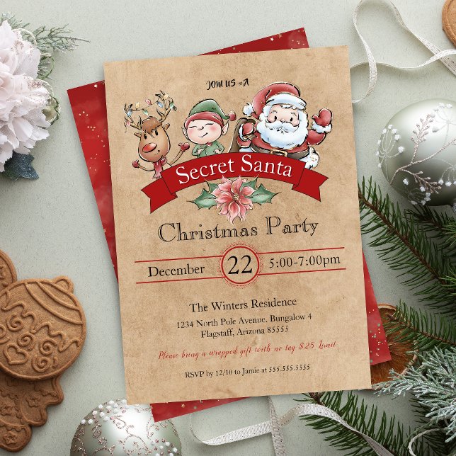 Invitation Vintage échange de cadeaux Secret Père Noël Noël (Vintage secret santa gift exchange party invitation for holiday office party or white elephant gifts)
